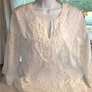 Source Unknown White Floral Eyelet Embroidered Tunic Style Top - 2X